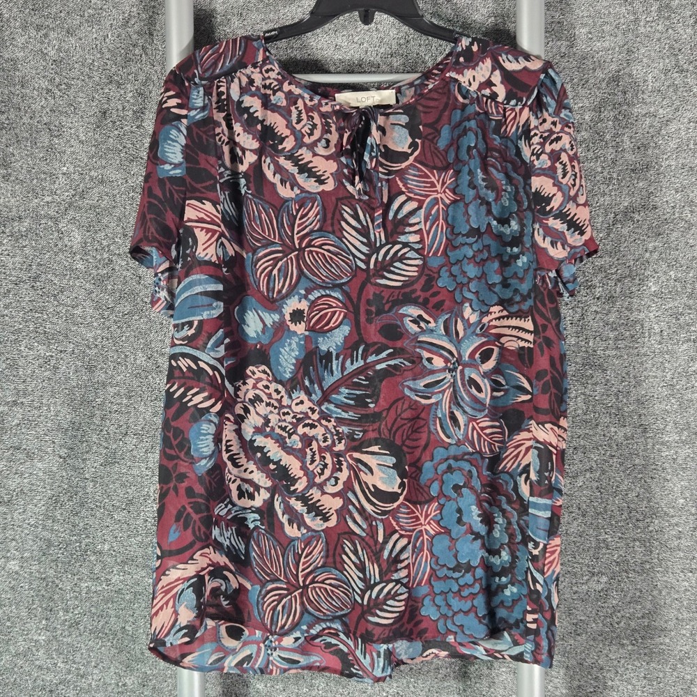 Ann Taylor LOFT Womens Large Floral Blouse Short Sleeve Tie Neck Burgundy Blue